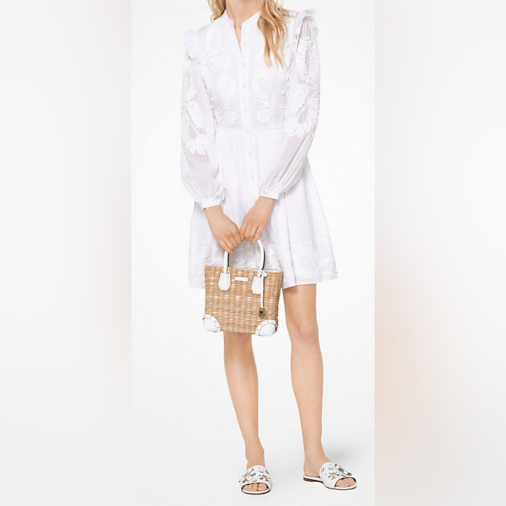 MICHAEL Michael Kors White Floral Embroidered Mini Shirt Dress with Beadwork XXS